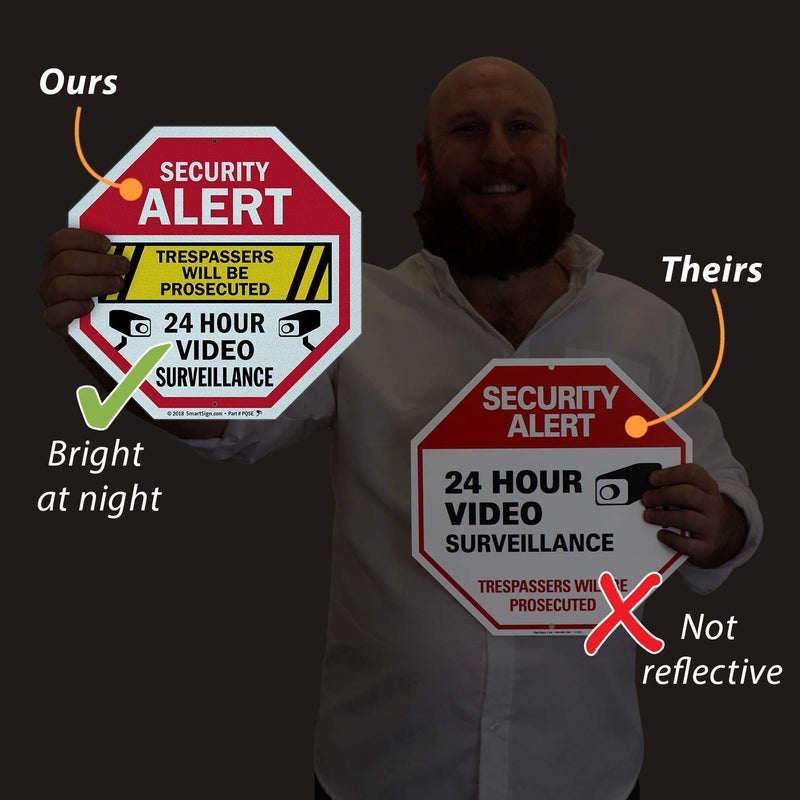 SmartSign Security Alert Sign - Trespassers Will Be Prosecuted, Video Surveillance 24 Hour Sign | 10x10 Octagon Metal, Reflective Aluminum, Outdoor/Wall/Fence, Made in USA - Image 5